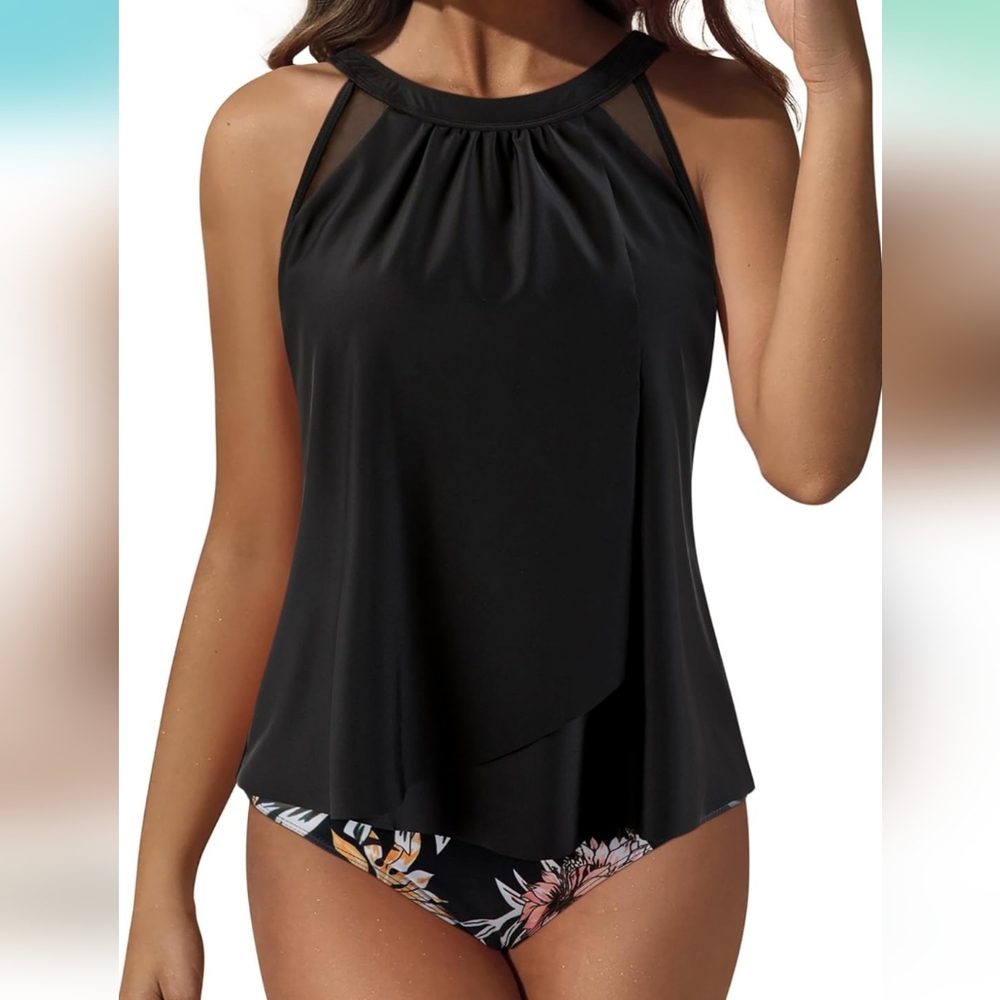 SUUKSESS 2 Piece Mesh Tankini Swimsuit